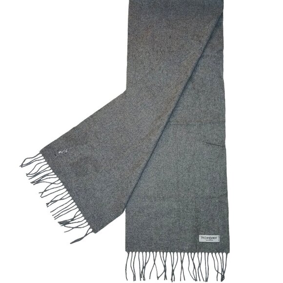 Yves Saint Laurent YSL Gray Blue Embroidered Wool Fringed Scarf Pre-Own… - Picture 3 of 8